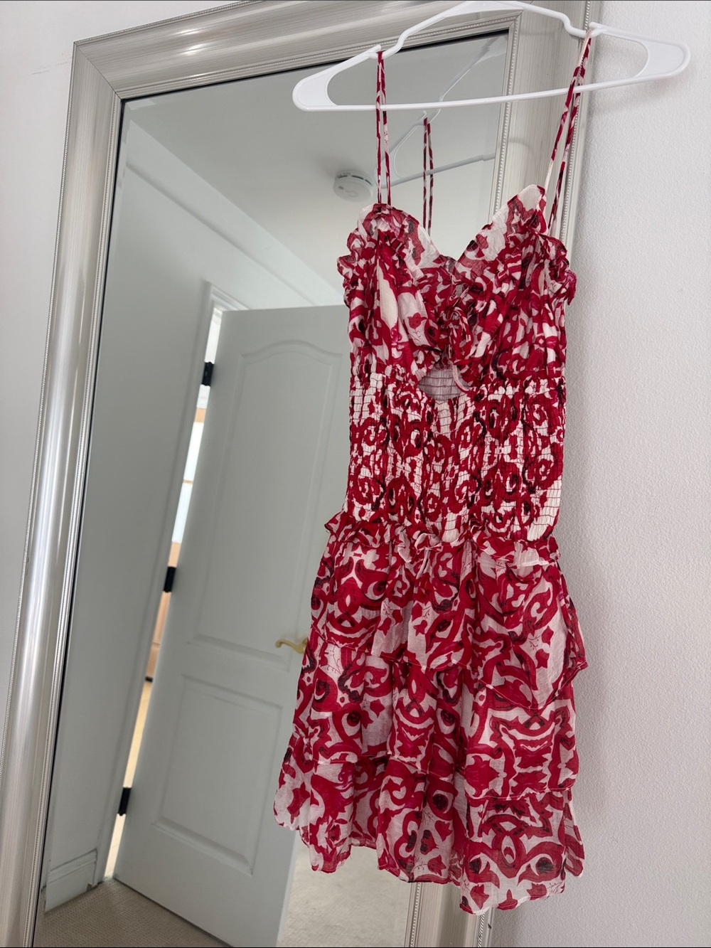 Red Printed Smocked Tiered Midi Dress - Women